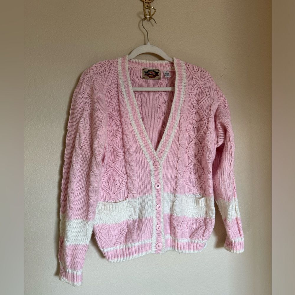 Vintage Cable Knit Cardigan Sweater Sz Medium Oversized Pink White‎ Stripe